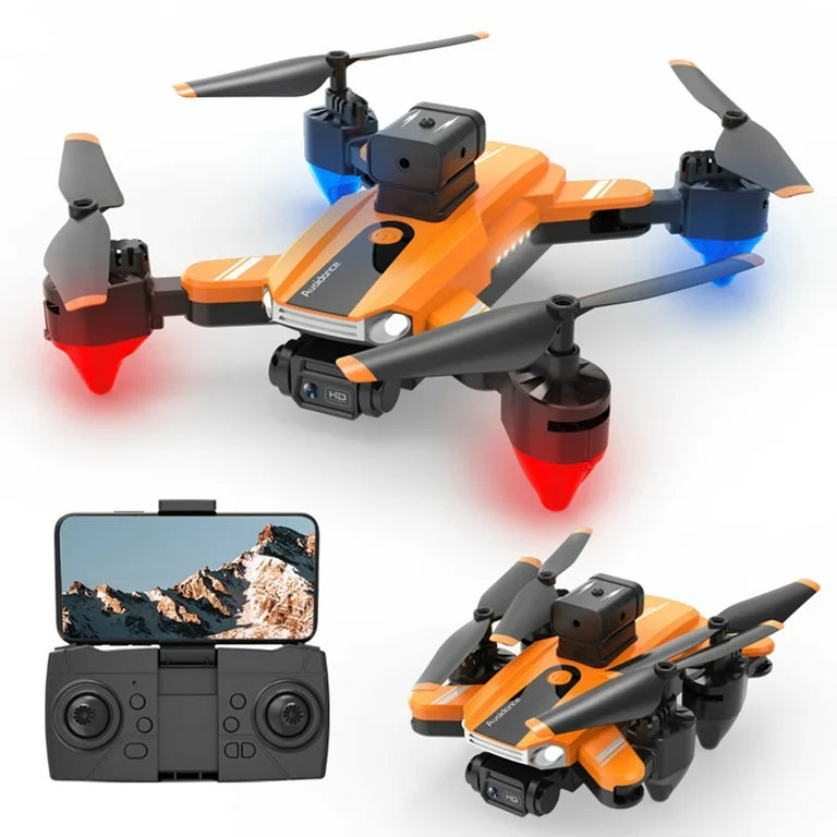 Orange and black drone with camera and remote control on a white background