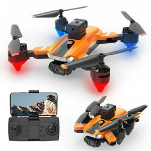 Orange and black drone with camera and remote control on a white background