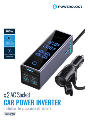 Dual AC Socket Car Power Inverter 300W / PD 36W Car Charger / Multi Port Device Charger / Simultaneous Charging / Voltage Monitor Display / 220V AC Output Voltage - Grey