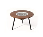 Round wooden table with a central fire pit on a white background