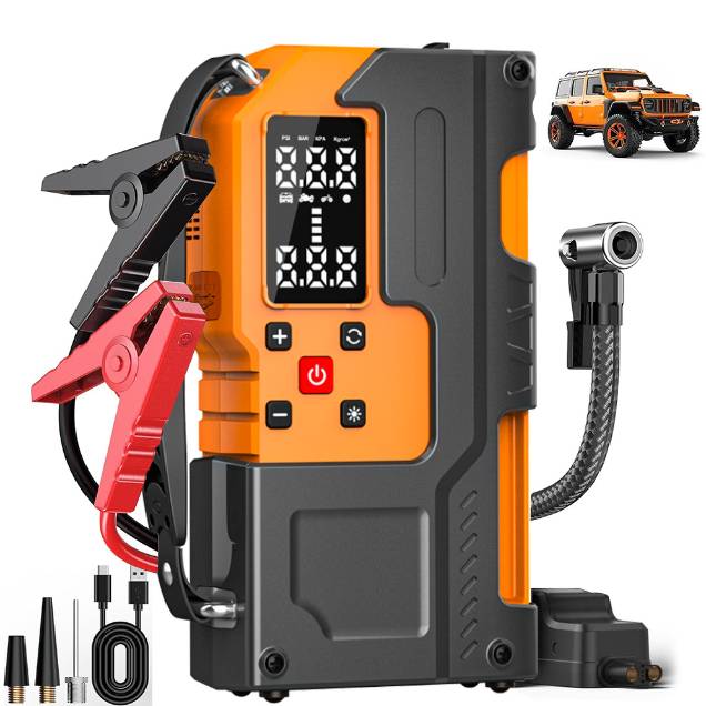 Multifunctional tool with jump starter and air compressor features on a white background