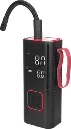 Black and red portable air compressor with digital display on a white background