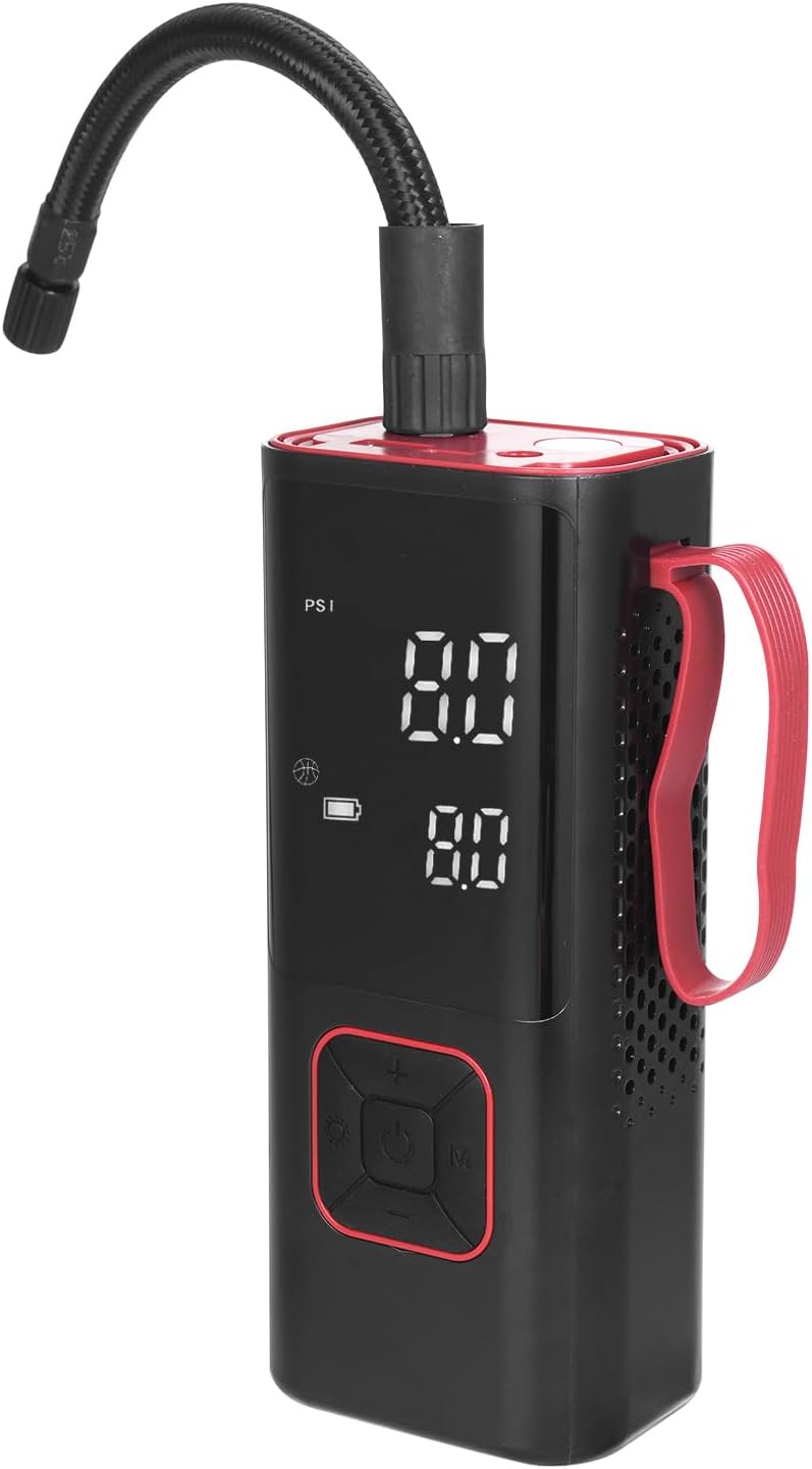 Black and red portable air compressor with digital display on a white background