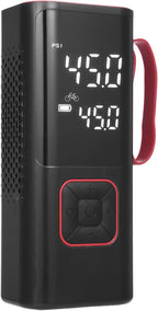 Digital tire pressure monitor with a black casing and red accents on a white background