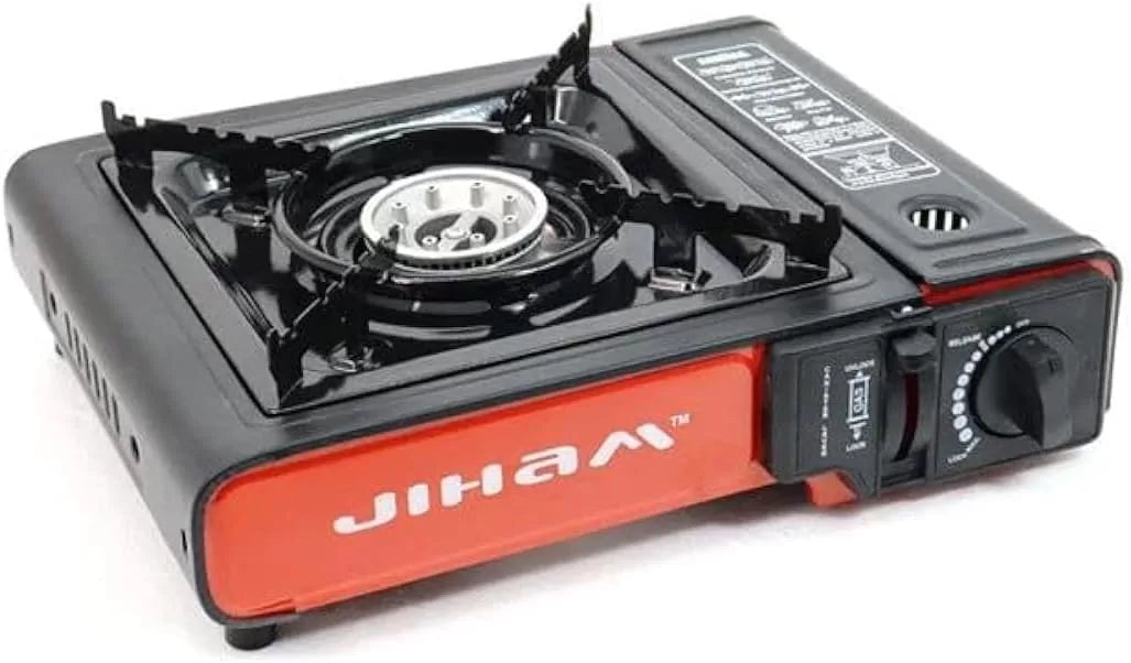Portable gas stove with red and black design, featuring the brand 'JIHAM'.