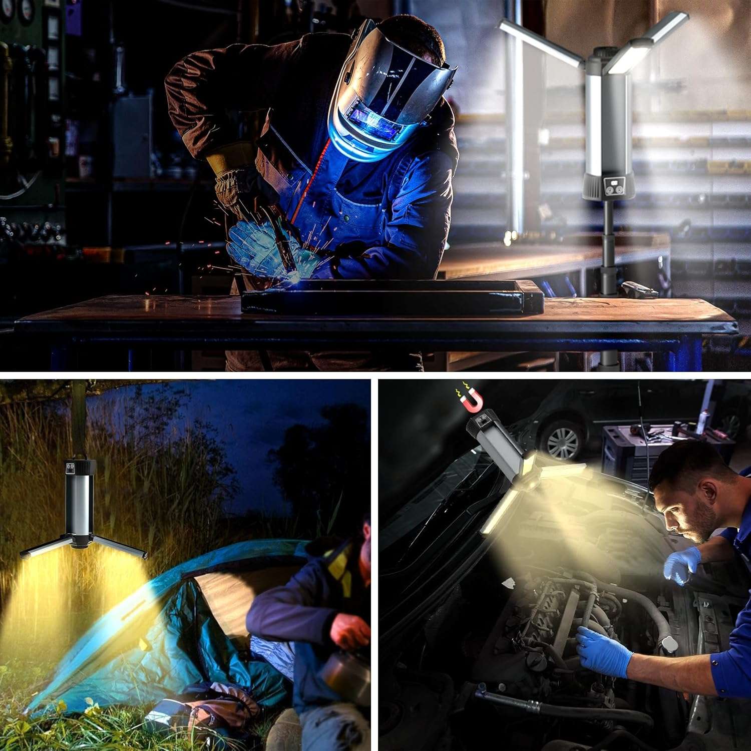 "Mlogiroa Rechargeable LED Work Light with Stand - Cordless Work Light Kit 3 Page Head,500/1000/2000 Lumen 3500/6500K Dimmable 6AH Camping Light"