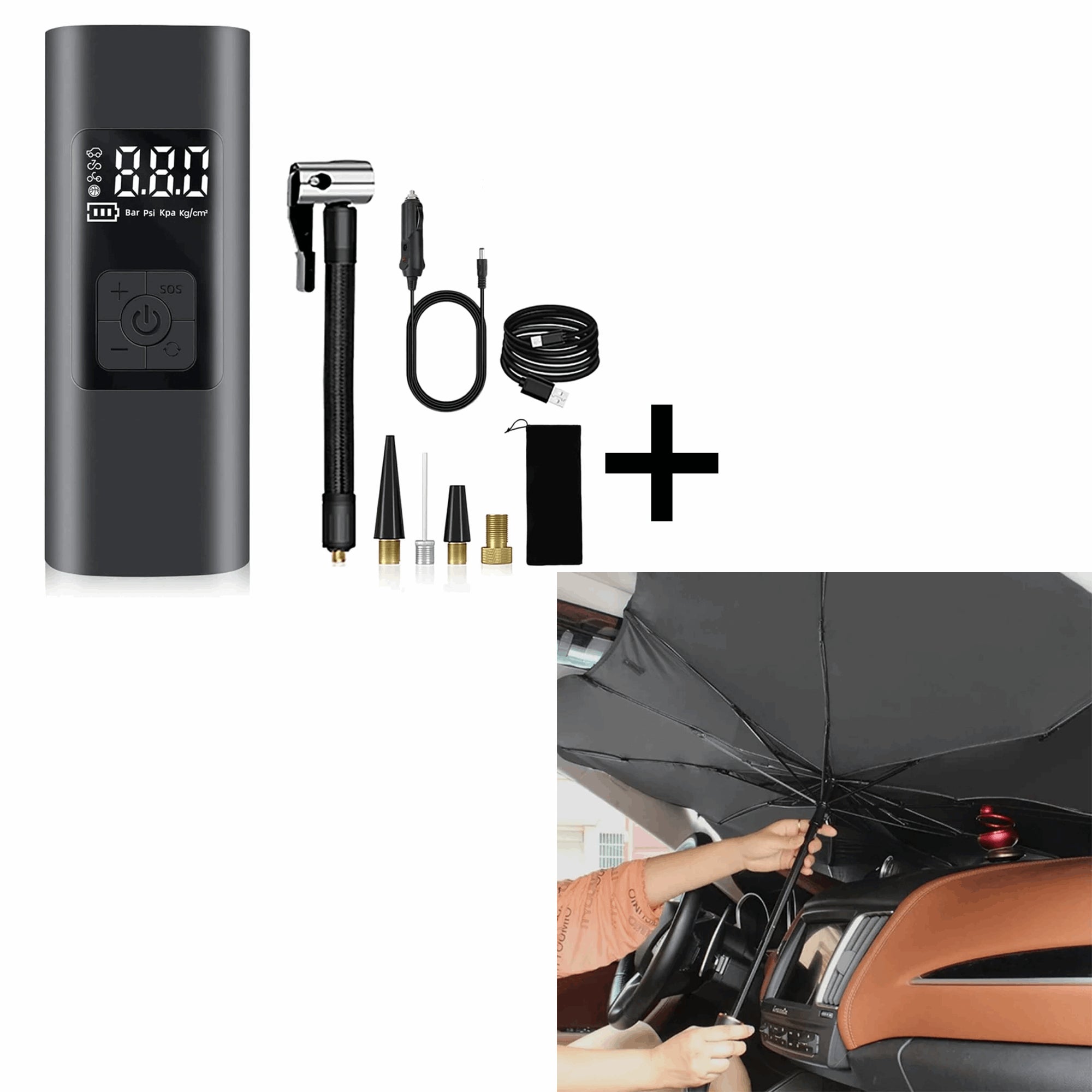 "Cordless Tire Inflator, 150PSI Portable Air Compressor + Car Umbrella Blocks UV Rays and Heat,"
