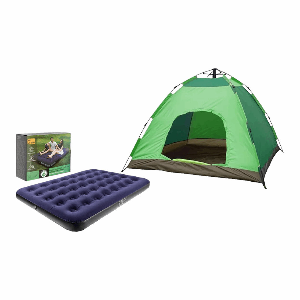 "3 Person Camping Tent +Inflatable Air Mattress, Full Size Inflatable Bed"