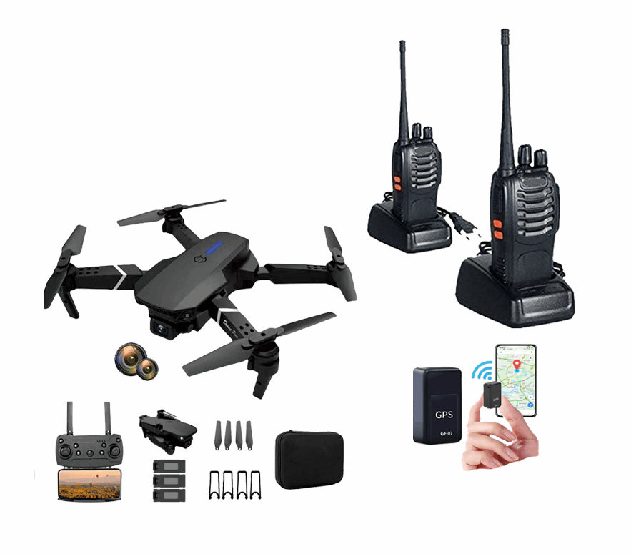 "Maizic Smarthome Walkie Talkie 5Km Long Range  + GPS Locator Small and Strong +E88 Drone with HD Dual Camera 3 Batteries Headless Mode One"
