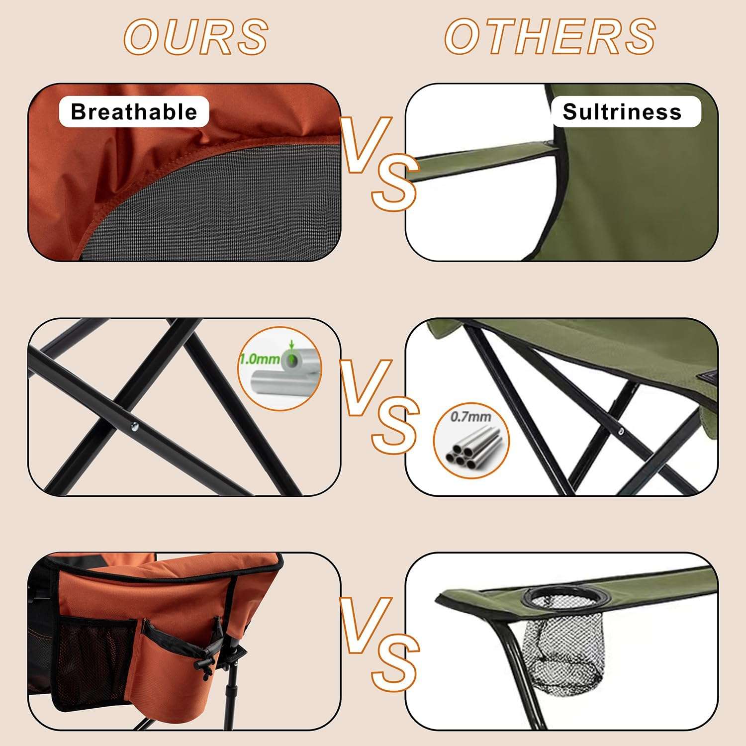 "Jeep chair Portable Adult Beach Chair Comfortable Folding Outdoor Chair, Comfortable Breathable Round Chair Supports up to 400 lbs, for Camping, Fishing, BBQ, Orange"