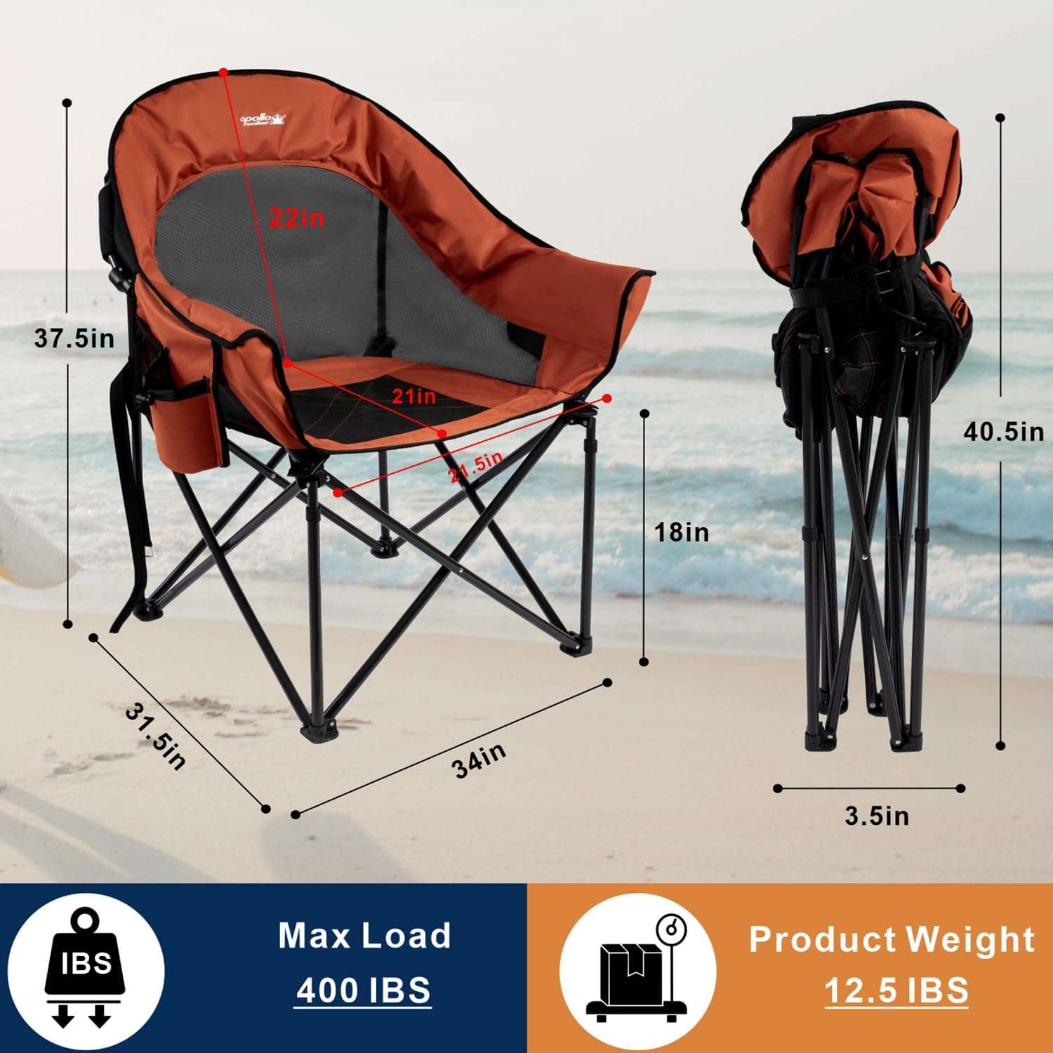 "Jeep chair Portable Adult Beach Chair Comfortable Folding Outdoor Chair, Comfortable Breathable Round Chair Supports up to 400 lbs, for Camping, Fishing, BBQ, Orange"