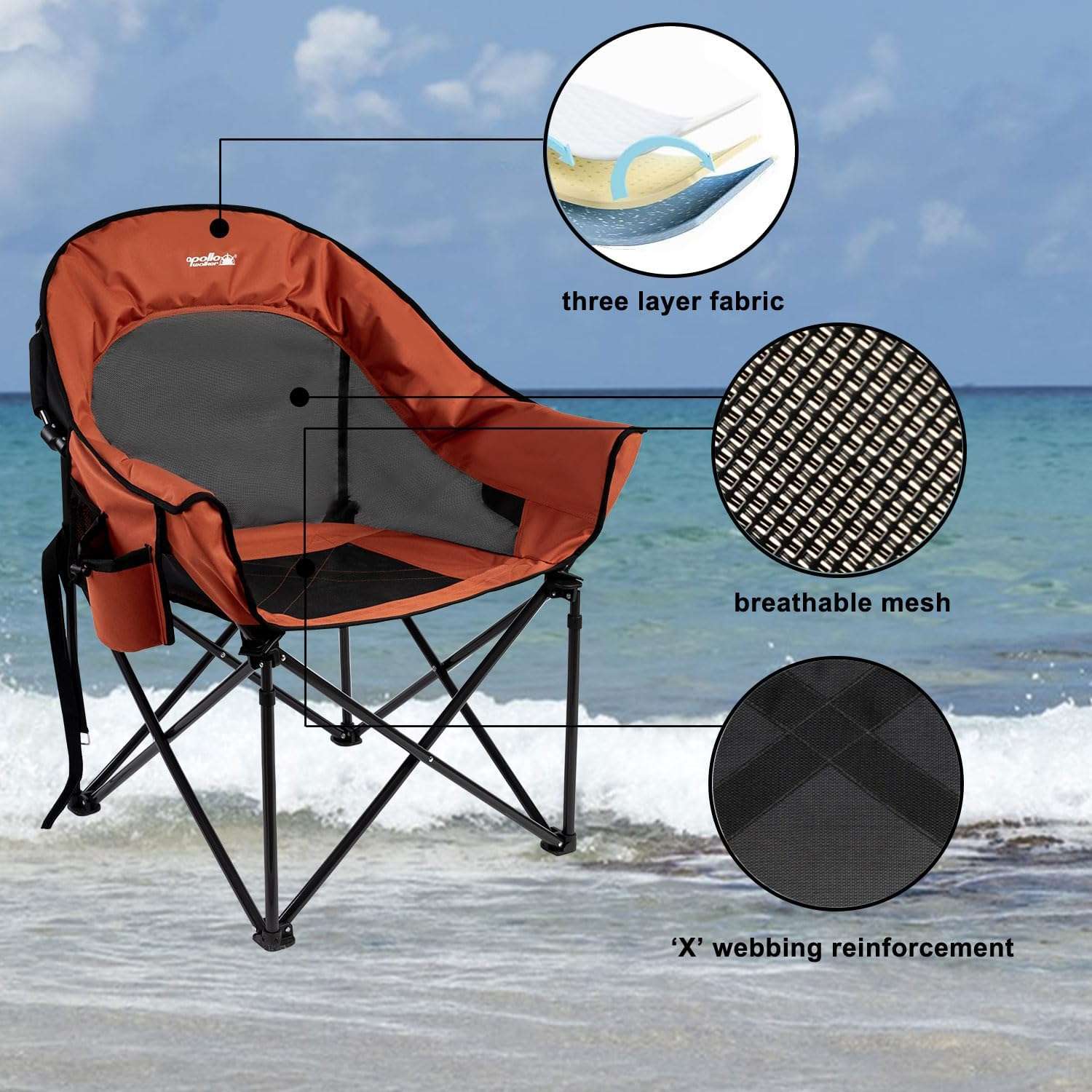 "Jeep chair Portable Adult Beach Chair Comfortable Folding Outdoor Chair, Comfortable Breathable Round Chair Supports up to 400 lbs, for Camping, Fishing, BBQ, Orange"