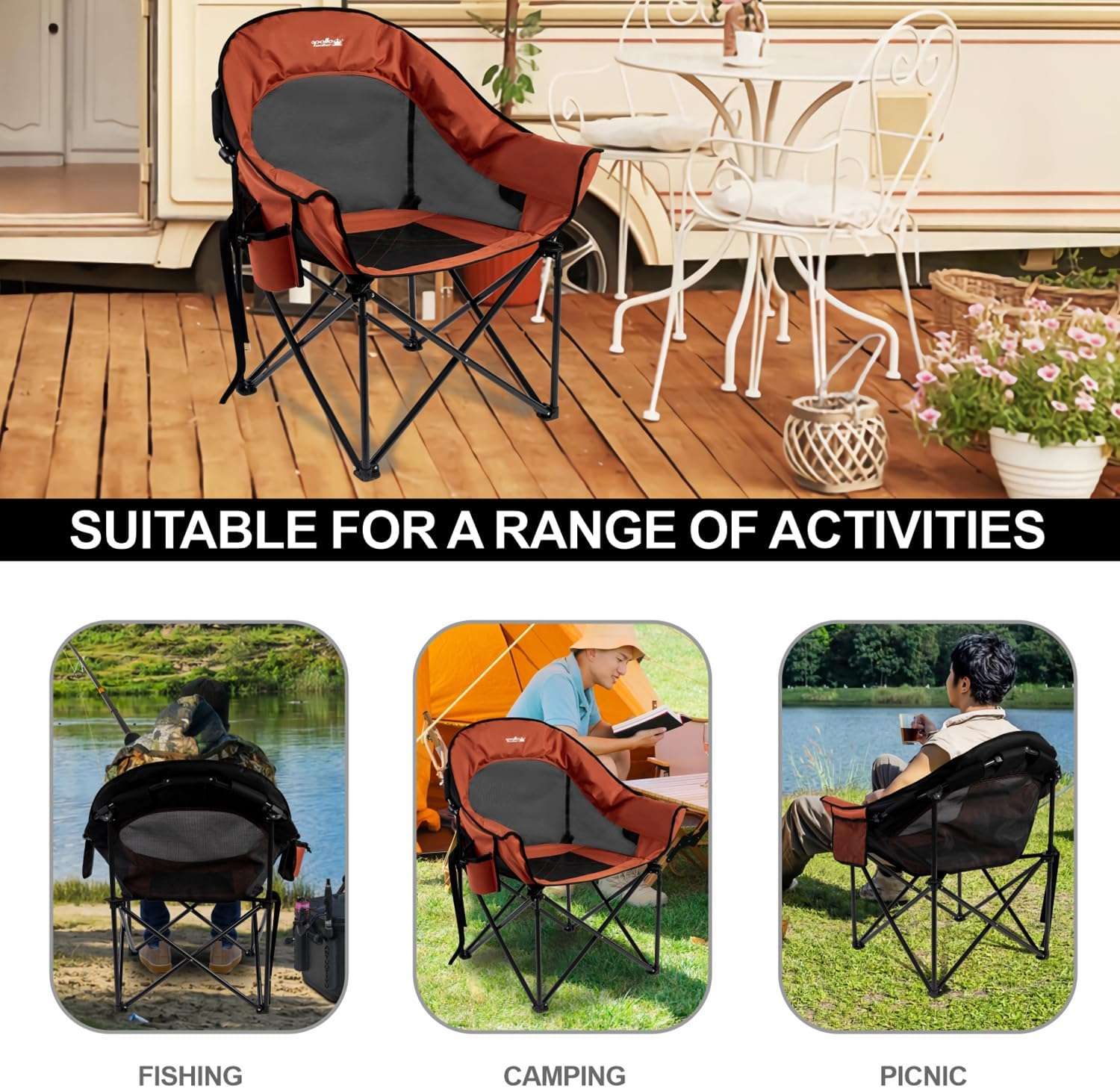 "Jeep chair Portable Adult Beach Chair Comfortable Folding Outdoor Chair, Comfortable Breathable Round Chair Supports up to 400 lbs, for Camping, Fishing, BBQ, Orange"