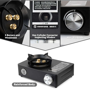 "KepGrenn Portable Camp Stove Compact Lightweight Propane Butane Gas burner for Outdoor Picnic, Camping, Hiking with Carry Box (AEM-003 Black)"