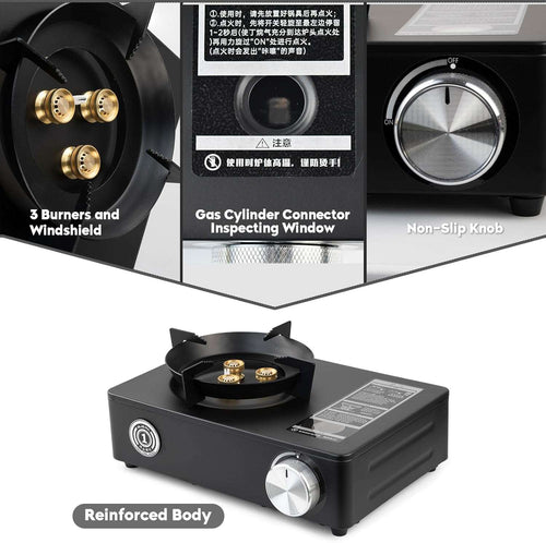 "KepGrenn Portable Camp Stove Compact Lightweight Propane Butane Gas burner for Outdoor Picnic, Camping, Hiking with Carry Box (AEM-003 Black)"