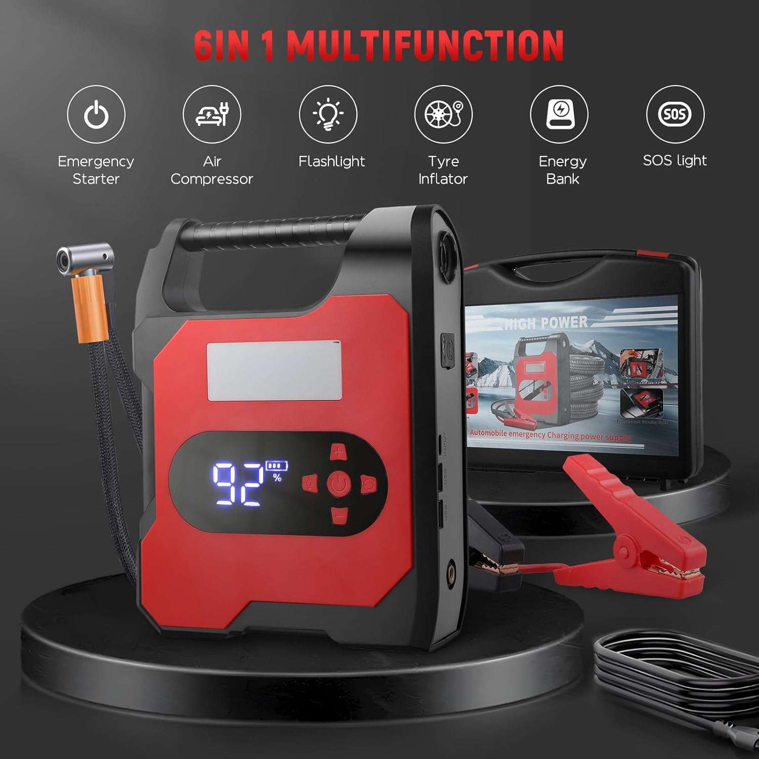 "Car Jump Starter Power Pack with Tyre Inflator,12V 2000A Car Battery Booster Jump Starter with 150PSI Air Compressor,Car Jump Starter Power Bank with USB..."