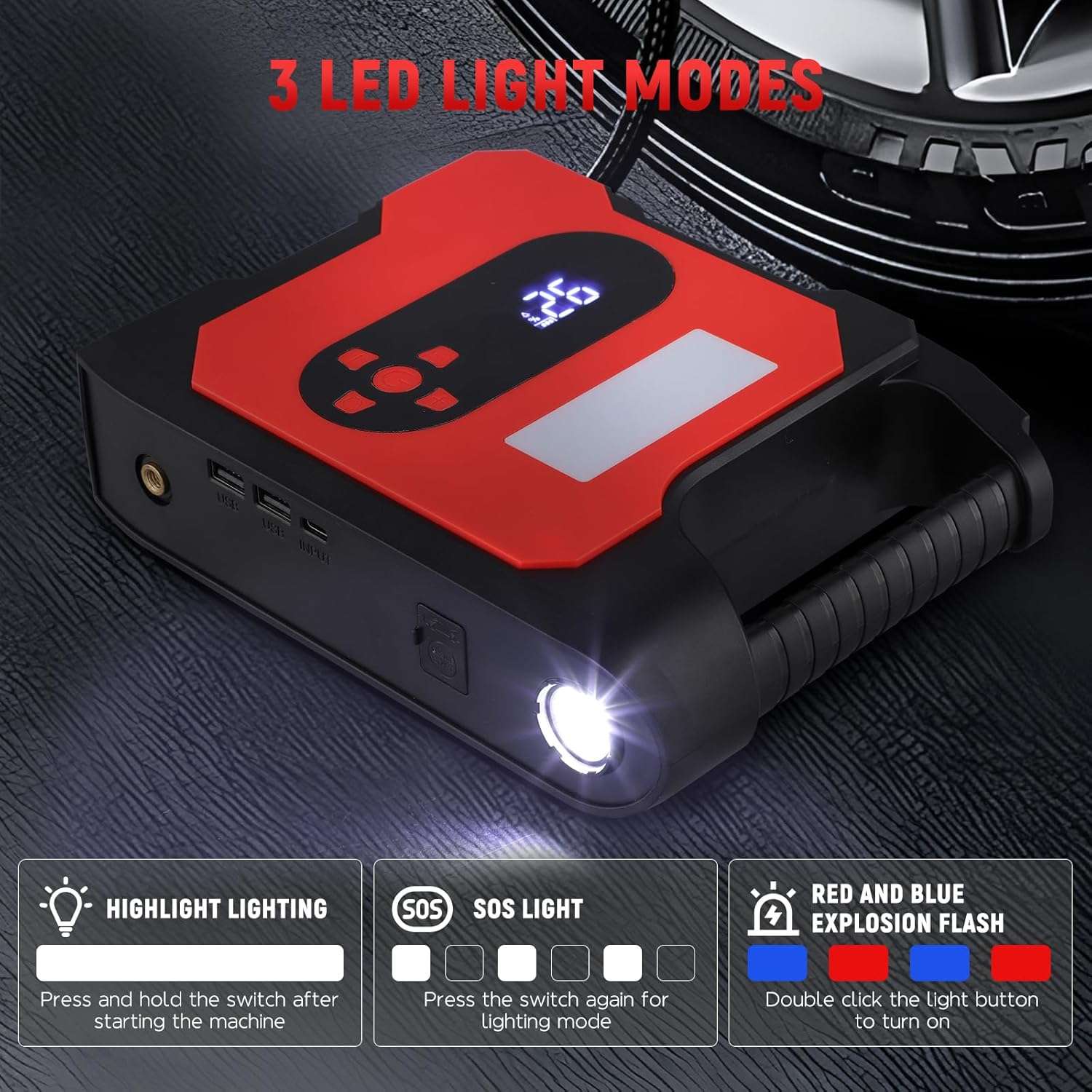 "Car Jump Starter Power Pack with Tyre Inflator,12V 2000A Car Battery Booster Jump Starter with 150PSI Air Compressor,Car Jump Starter Power Bank with USB..."