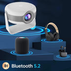 Projector, headphones, and speaker with Bluetooth 5.2 logo on a dark background