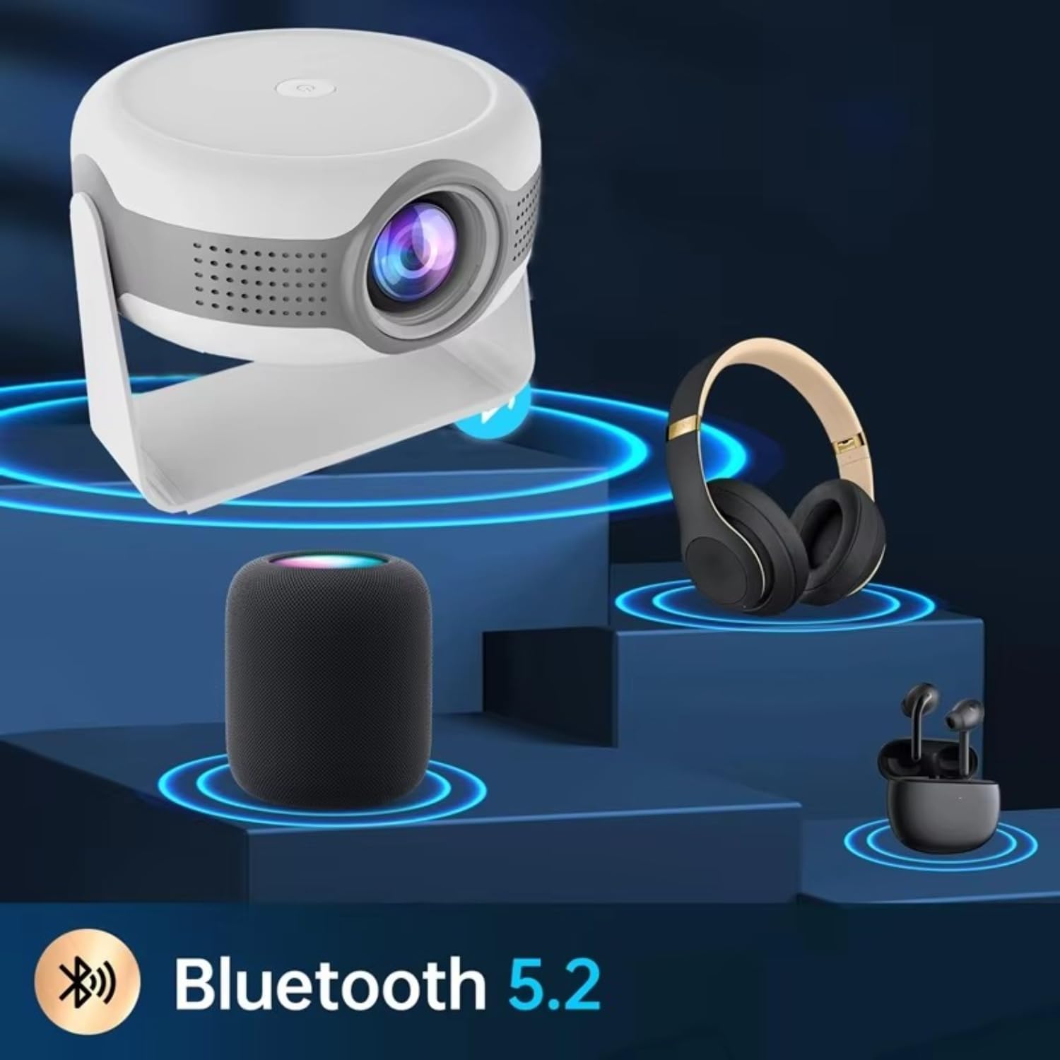 Projector, headphones, and speaker with Bluetooth 5.2 logo on a dark background