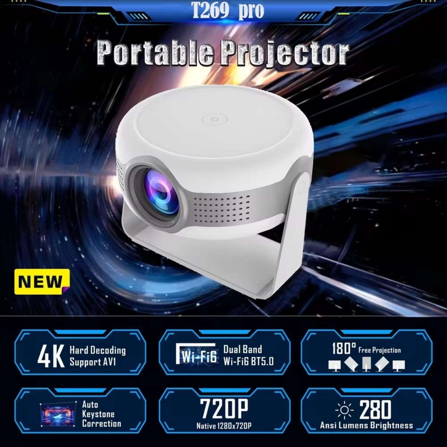 "T269 Pro Smart Portable Projector – 4K HD | 1080P | Android 12.0 | 130-Inch Display | 180° Flip | Wi-Fi &amp; Bluetooth"