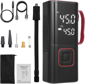 Black tire inflator with digital display and accessories on a white background