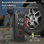 Portable tire inflator with digital display next to a car tire, showing inflation details.