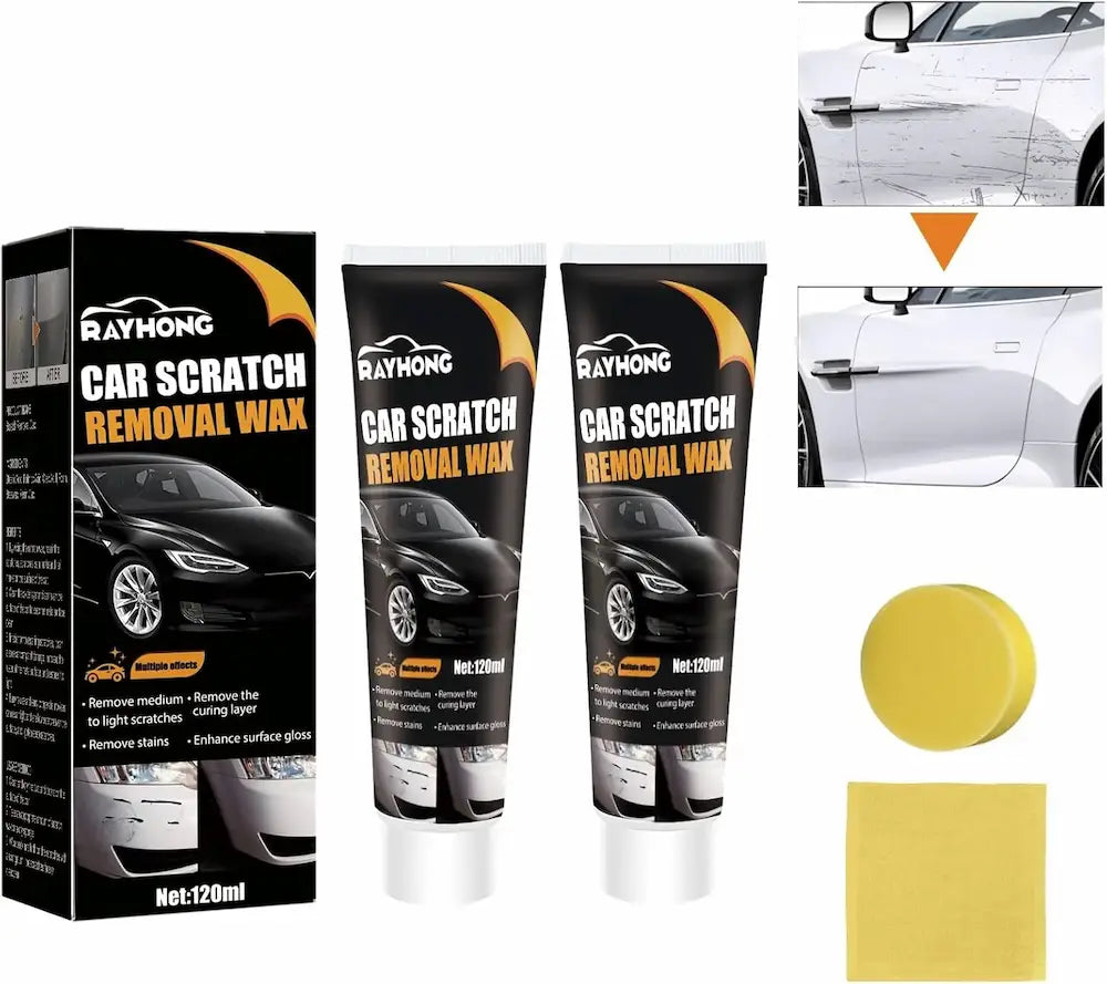 Rayhong car scratch removal wax set with packaging, tubes, applicator, and white car background.