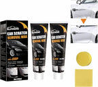 Rayhong car scratch removal wax set with packaging, tubes, applicator, and white car background.