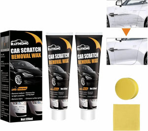 Rayhong car scratch removal wax set with packaging, tubes, applicator, and white car background.
