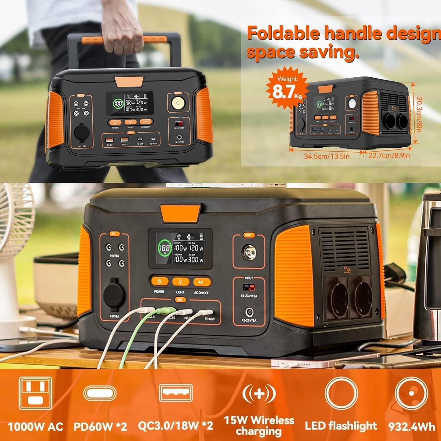 Portable power station with foldable handle design, shown in use with appliances.