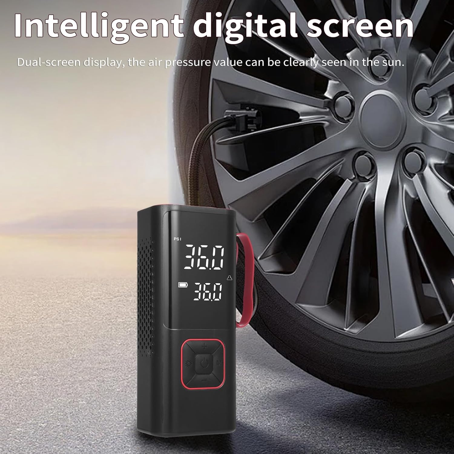 Car tire inflator with digital display next to a car wheel, emphasizing its visibility in sunlight.