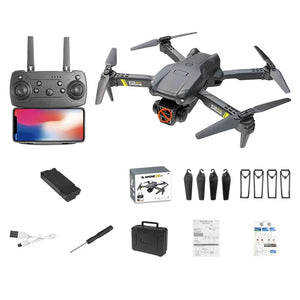 Drone with remote control, smartphone, and accessories on a white background