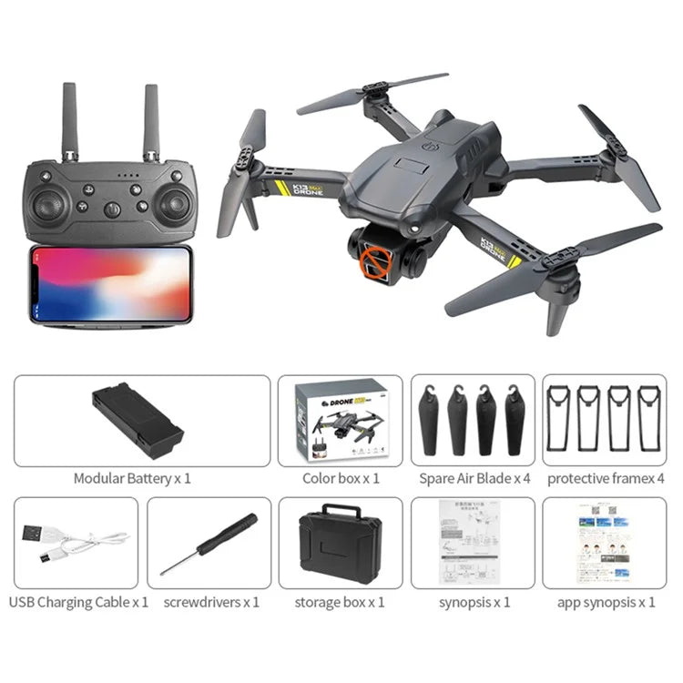 Drone with remote control, accessories, and packaging on a white background