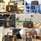 Collage of a portable power station in various settings, including home, car, and outdoor use.