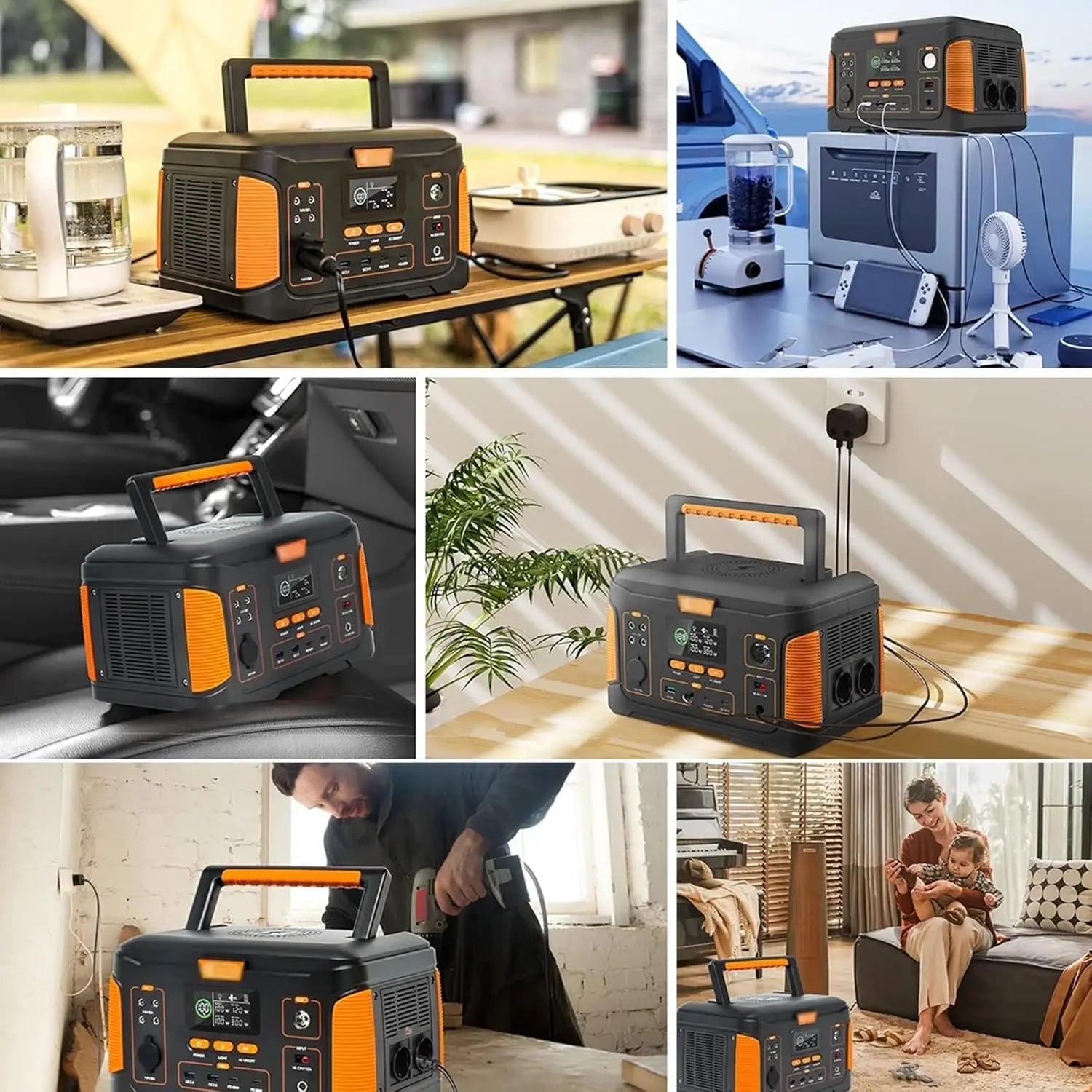 Collage of a portable power station in various settings, including home, car, and outdoor use.