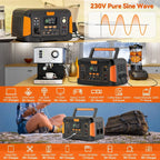 Portable power station with various usage scenarios and specifications displayed.