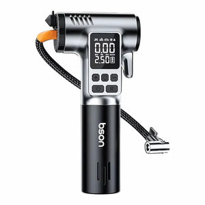 Digital tire pressure gauge with a black and silver design on a white background
