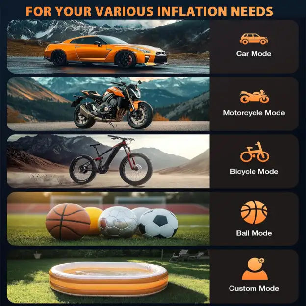 Product display with modes for car, motorcycle, bicycle, ball, and custom use.