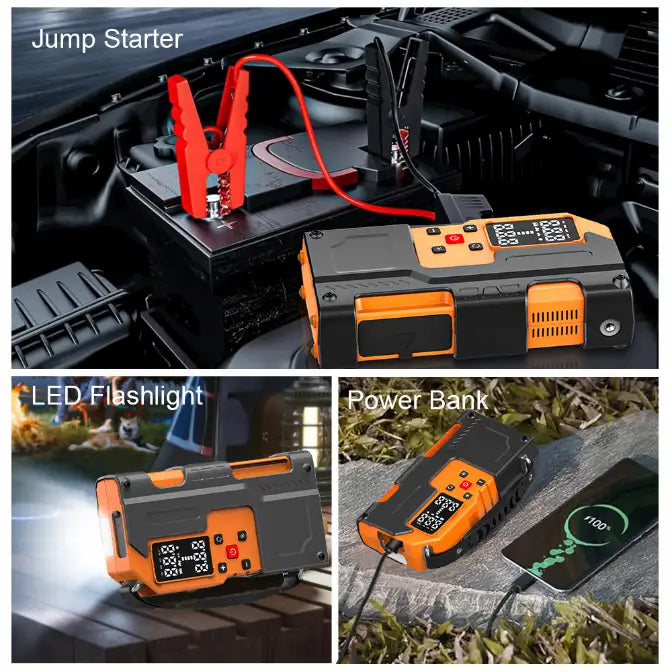 Jump starter device with LED flashlight and power bank functions, used in a car and outdoors.