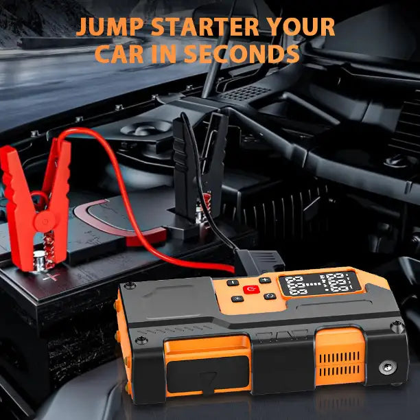 Car jump starter device in use with text 'Jump starter your car in seconds' on a car battery.