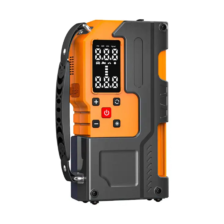 Orange and black electronic device with digital display on a white background