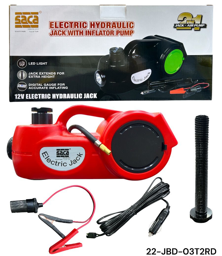 Red electric hydraulic jack with accessories and packaging on a white background