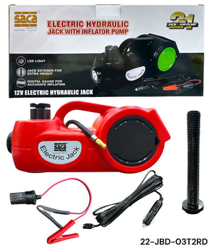 Red electric hydraulic jack with accessories and packaging on a white background