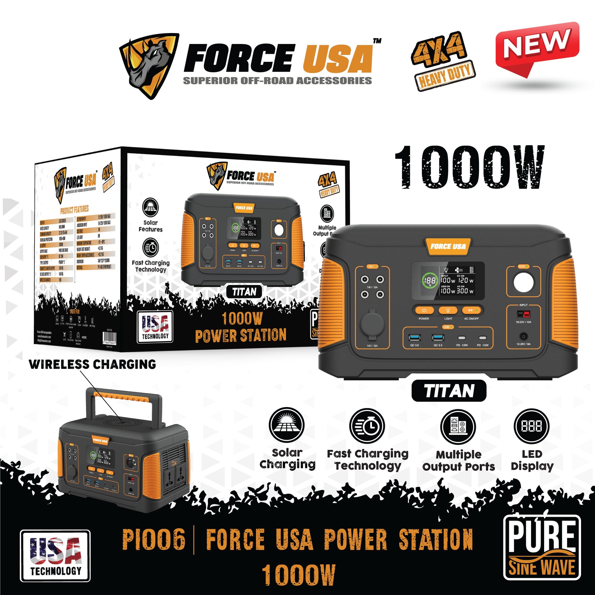 Force USA power station with packaging and features displayed on a white background