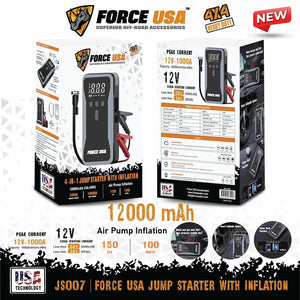 Force USA jump starter packaging with specifications and features on a white background