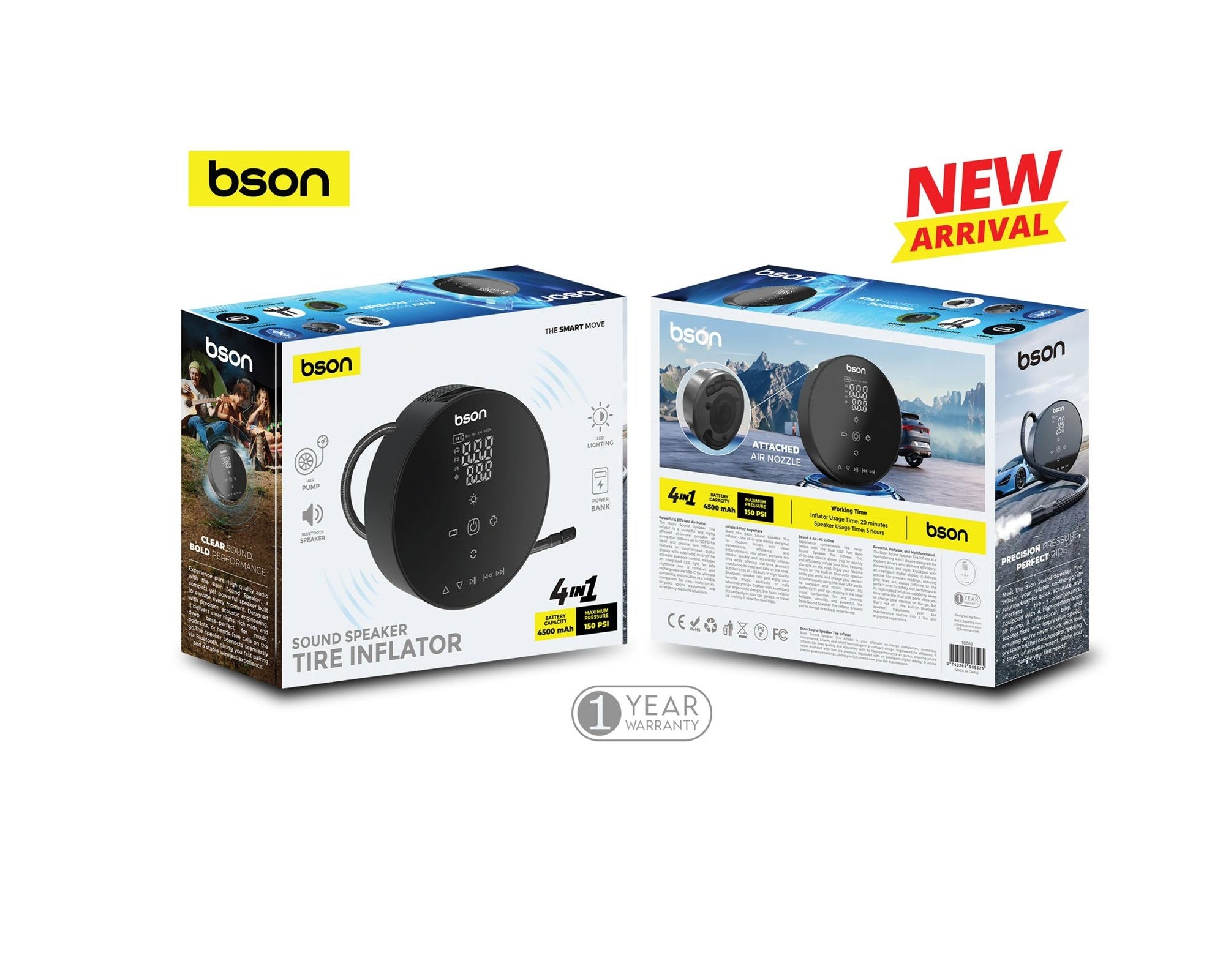 منفاخ هواء بلوتوث HF-902B 150 رطل لكل بوصة مربعة مع شاحن متنقل وموسيقى | 90 واط 11.1 فولت تيار مستمر | ينفخ إطار السيارة/SUV في 7 دقائق