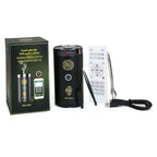 Black electronic device with remote control and packaging on a white background