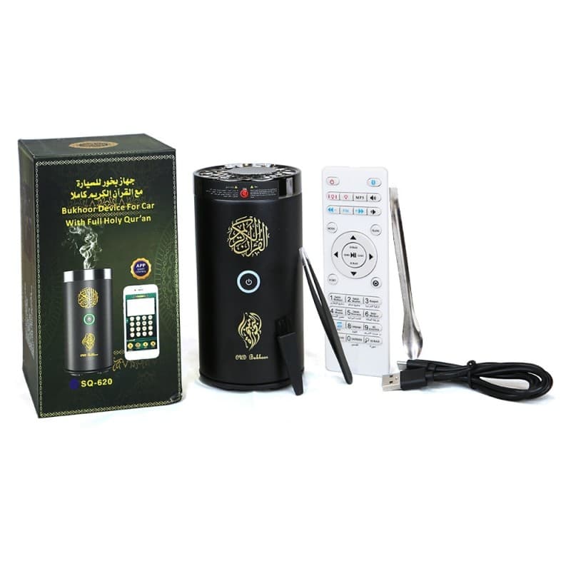 Black electronic device with remote control and packaging on a white background