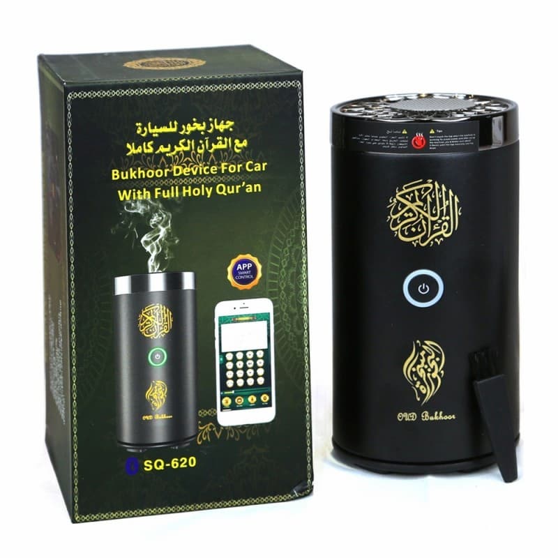 Black Bukhoor device for car with digital display and Quran text on packaging