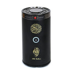 Black cylindrical device with gold designs and branding on a white background